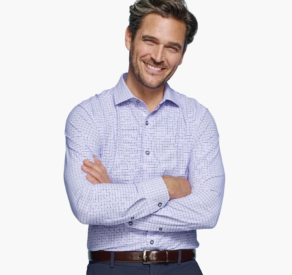 Johnston & Murphy XC4® Motion Long-Sleeve Dress Knit Shirt Purple/Navy Dotted Windowpane