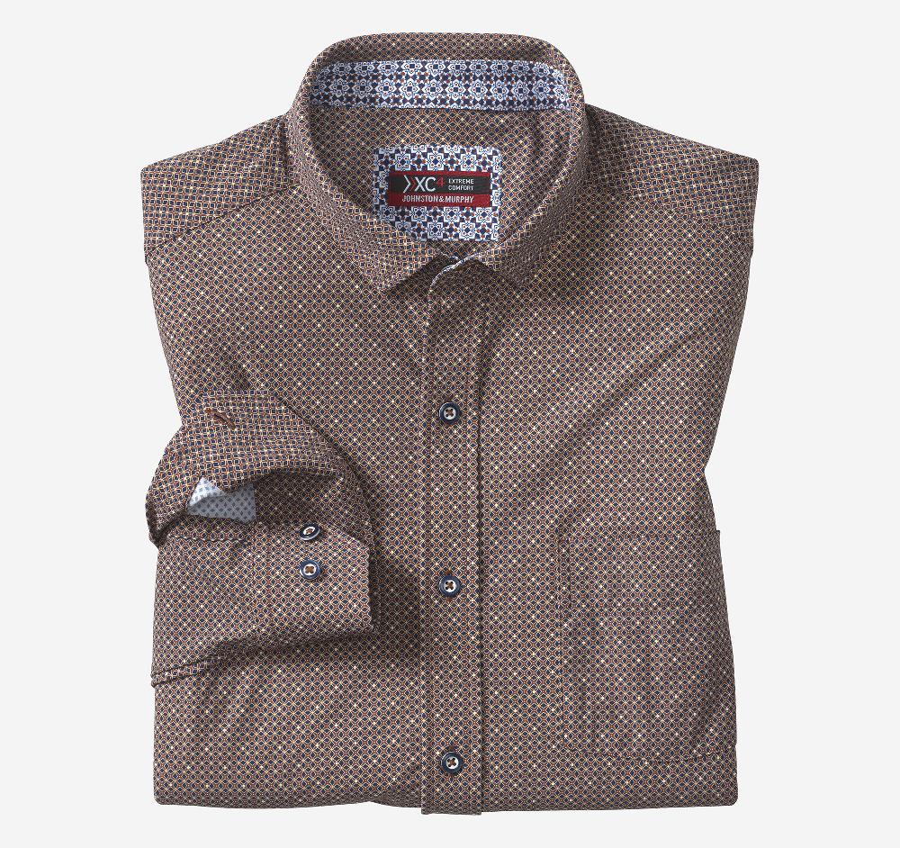 johnston & murphy XC4® Motion Long-Sleeve Print Knit Shirt Mahogany Star Grid