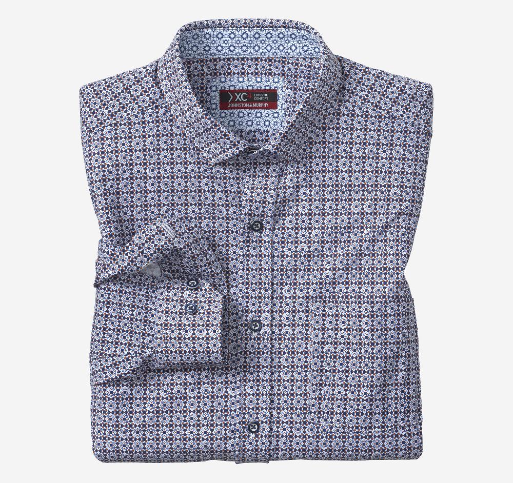 johnston & murphy XC4® Motion Long-Sleeve Print Knit Shirt Rust/Navy Grid Burst