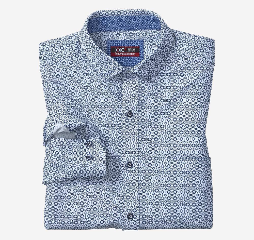 johnston & murphy XC4® Motion Long-Sleeve Print Knit Shirt White/Navy Diamond Web