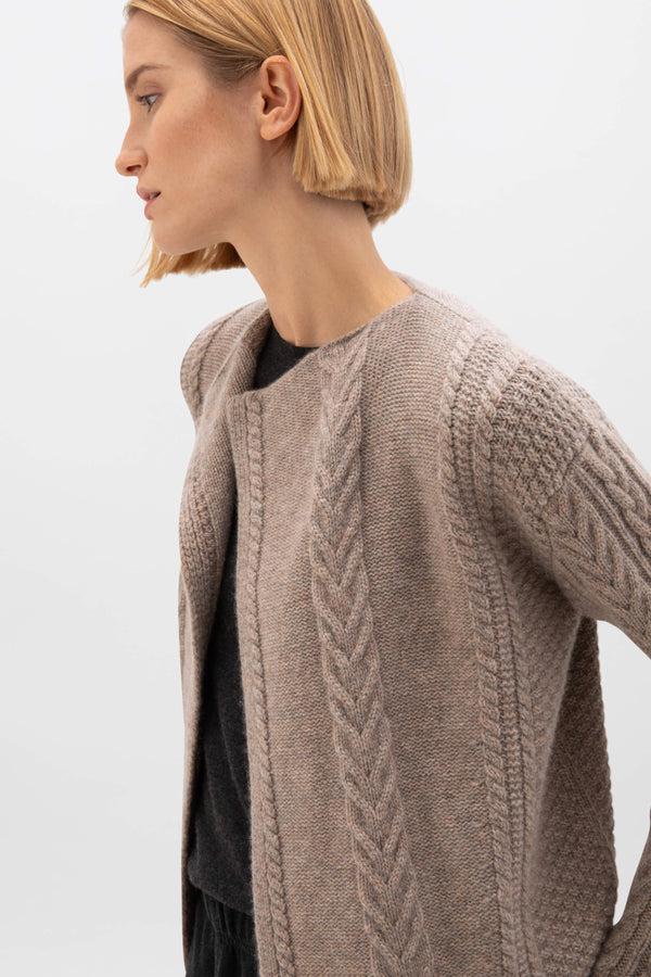 Johnstons Of Elgin Aran Cable Cashmere Light Brown Waterfall Cardigan