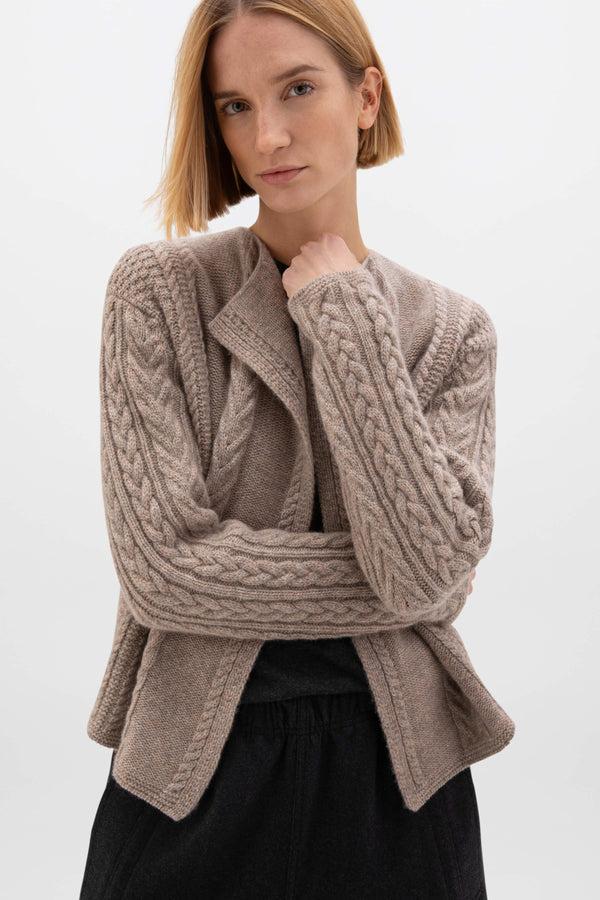 johnstons of elgin Aran Cable Cashmere Light Brown Waterfall Cardigan