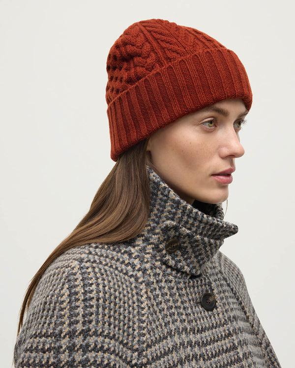 Johnstons Of Elgin Aran Cable Dark Red Cashmere Beanie