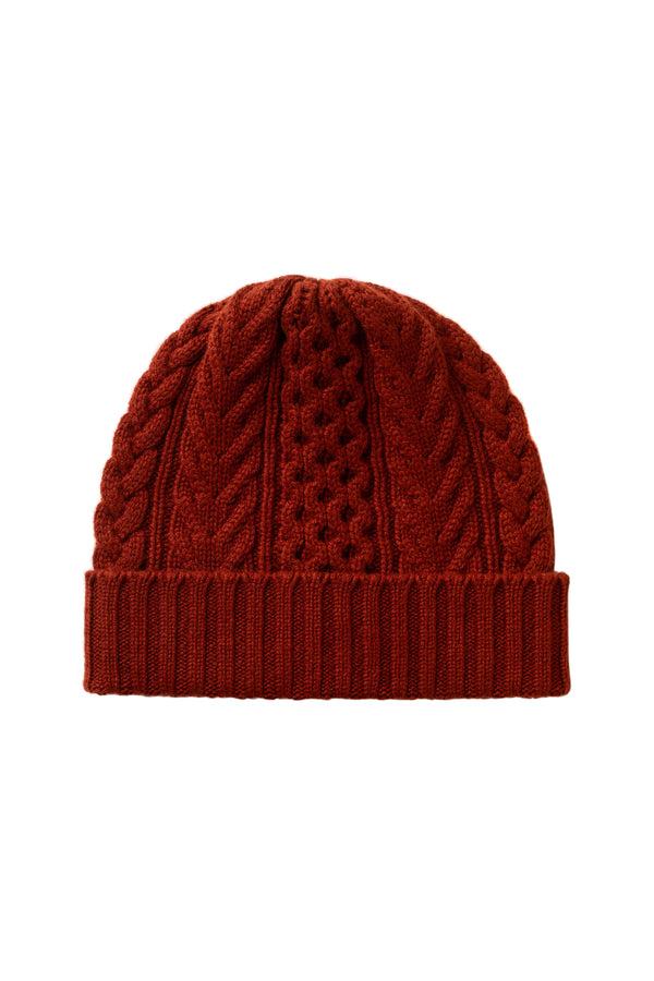 johnstons of elgin Aran Cable Dark Red Cashmere Beanie