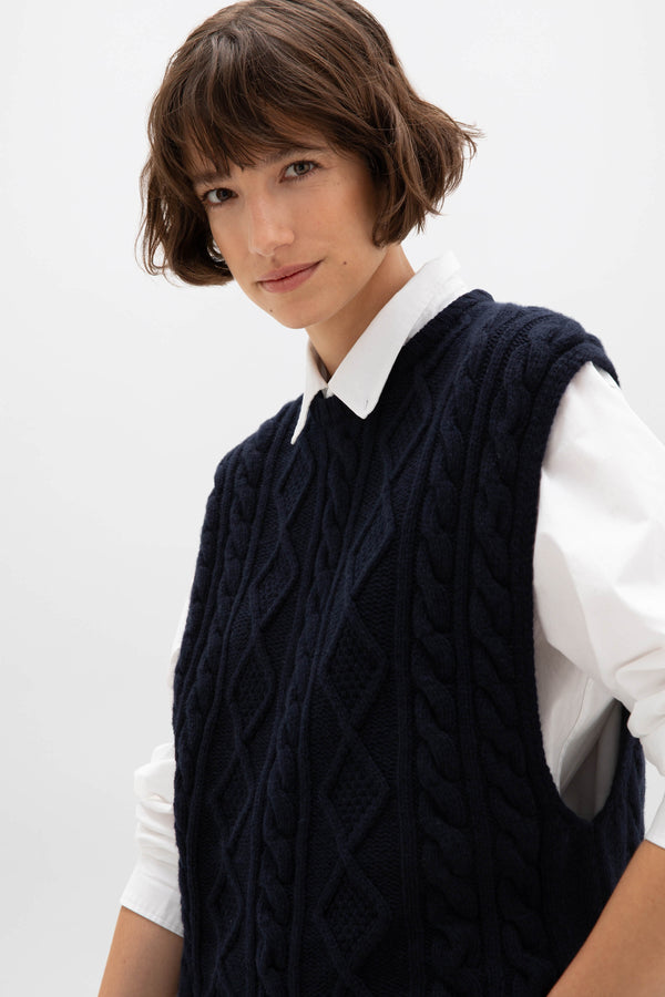 Johnstons Of Elgin Aran Cable Knit Dark Navy Cashmere Tank