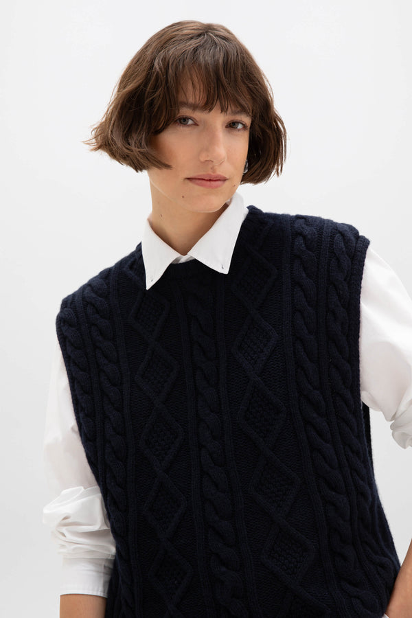 Johnstons Of Elgin Aran Cable Knit Dark Navy Cashmere Tank