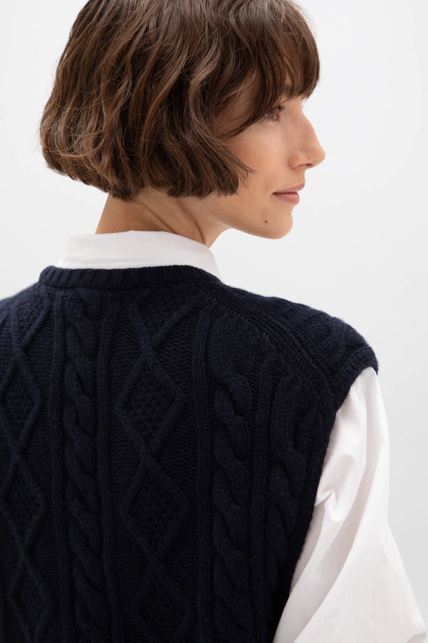 Johnstons Of Elgin Aran Cable Knit Dark Navy Cashmere Tank