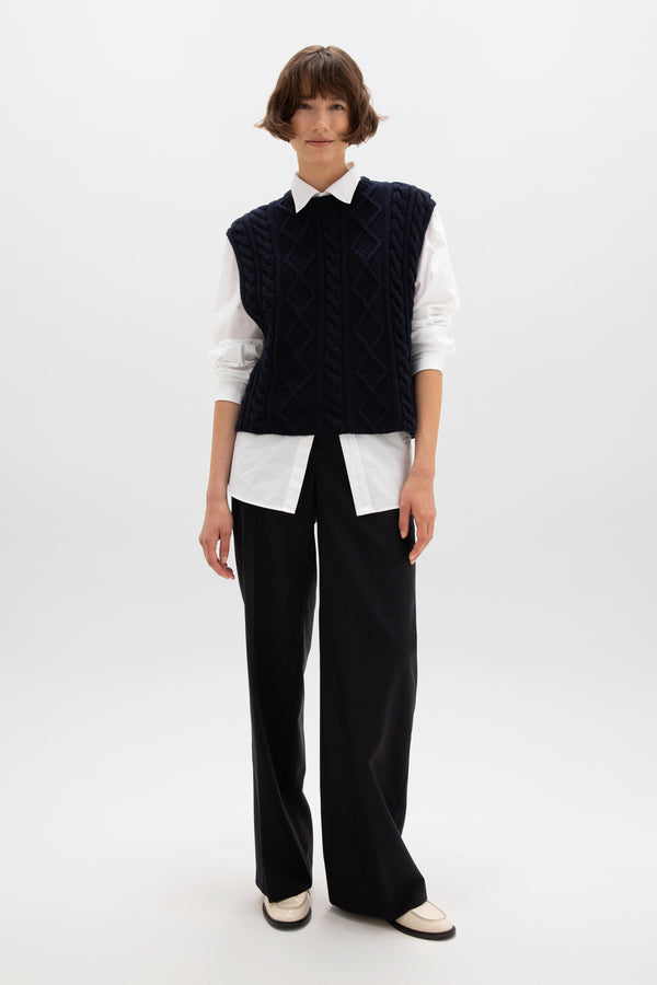 johnstons of elgin Aran Cable Knit Dark Navy Cashmere Tank