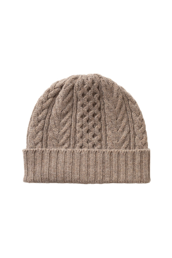 johnstons of elgin Aran Cable Light Brown Cashmere Beanie