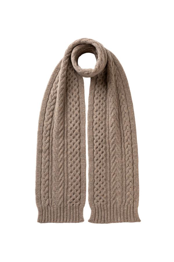 johnstons of elgin Aran Cable Light Brown Cashmere Scarf