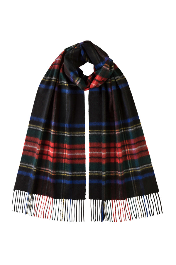 johnstons of elgin Black Stewart Tartan Wide Cashmere Scarf