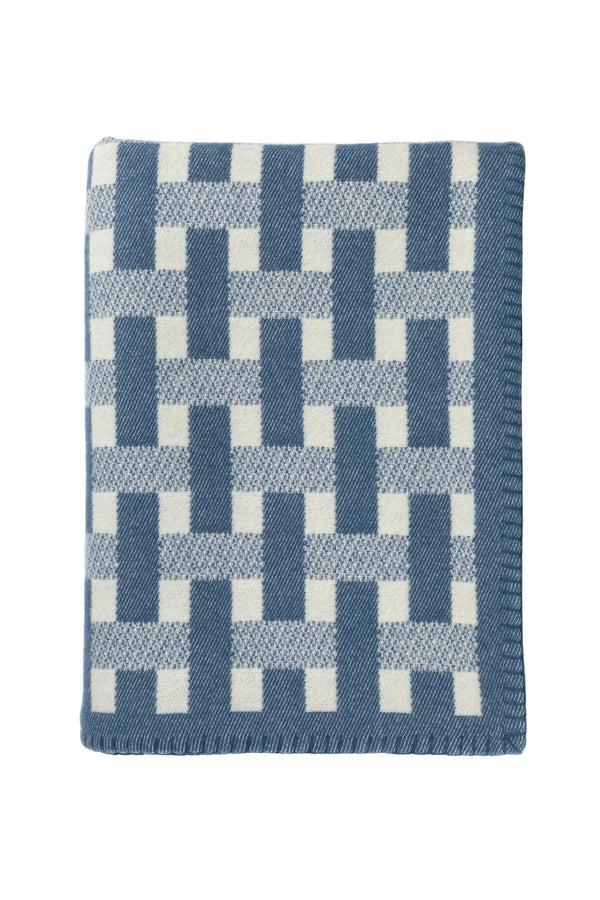 Johnstons Of Elgin Blanket Stitched Basketweave Blue Throw