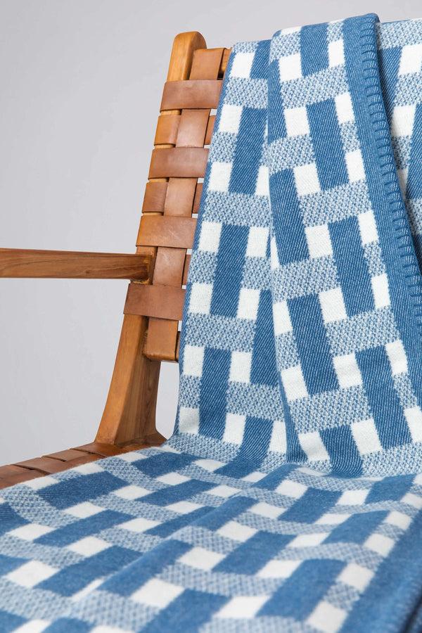 Johnstons Of Elgin Blanket Stitched Basketweave Blue Throw