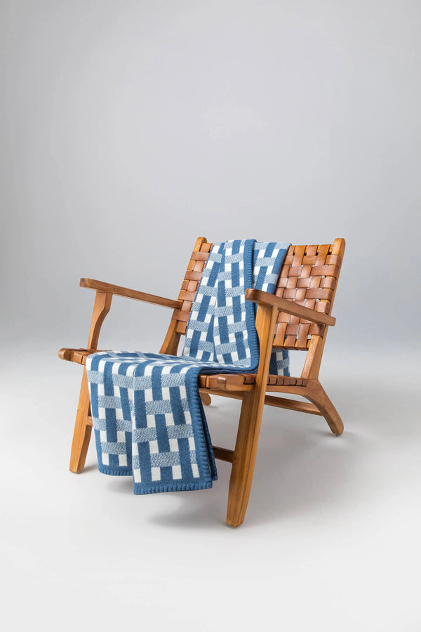 johnstons of elgin Blanket Stitched Basketweave Blue Throw