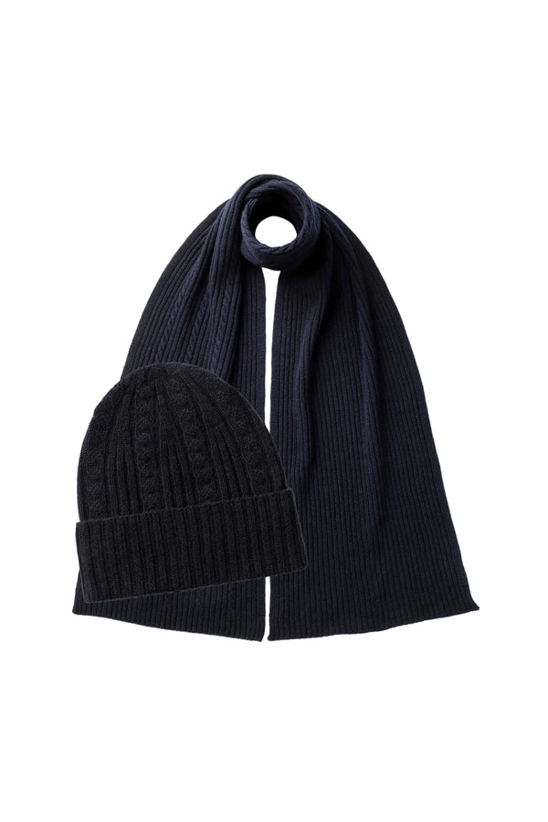 johnstons of elgin Cable Cashmere Navy Scarf & Beanie Gift Set