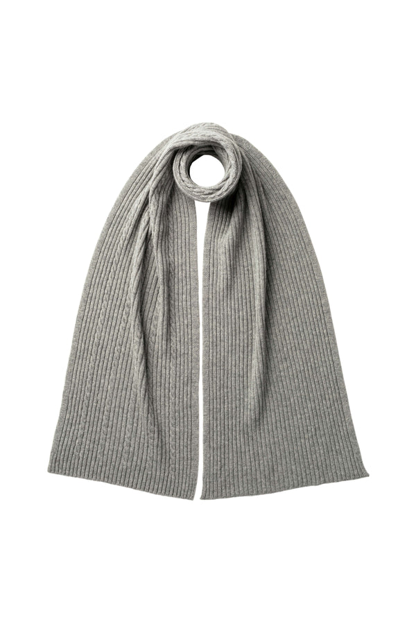 johnstons of elgin Cable & Rib Light Grey Cashmere Scarf