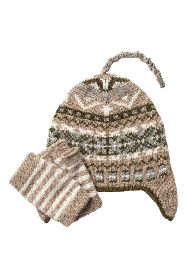johnstons of elgin Children's Natural Fairisle Hat & Stripy Wristwarmers Gift Set