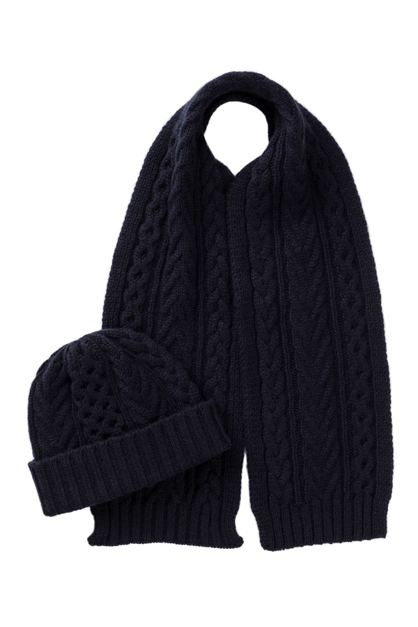 johnstons of elgin Children's Navy Aran Beanie & Scarf Gift Set