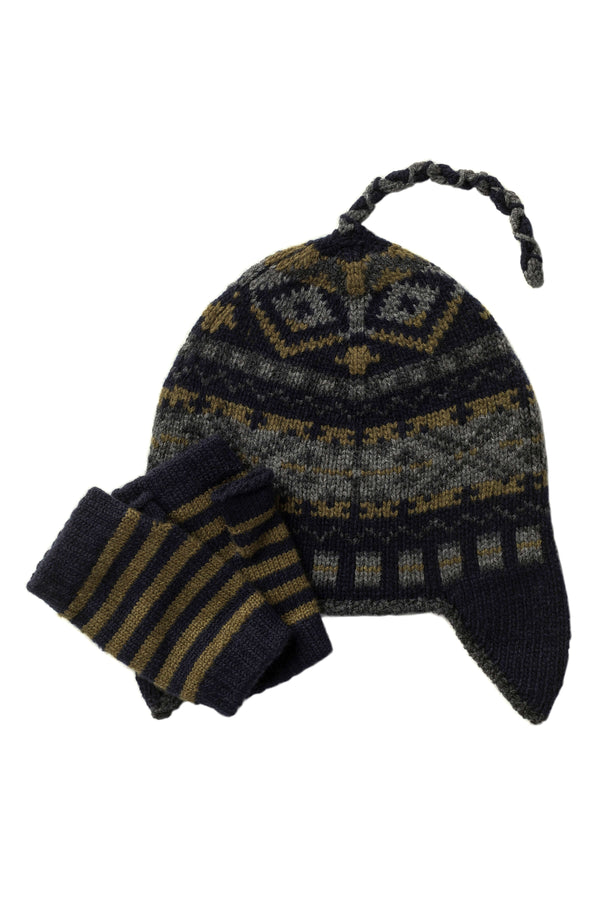 johnstons of elgin Children's Navy Fairisle Hat & Stripy Wristwarmers Gift Set