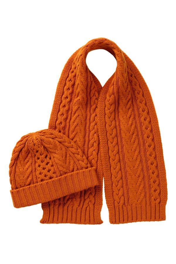 johnstons of elgin Children's Orange Aran Beanie & Scarf Gift Set