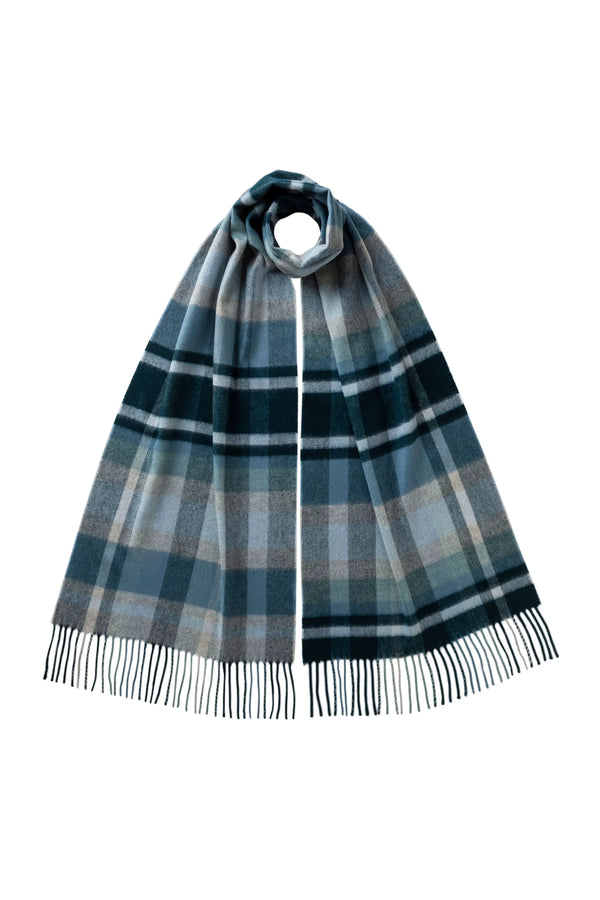 johnstons of elgin Deco Block Check Blue Cashmere Scarf