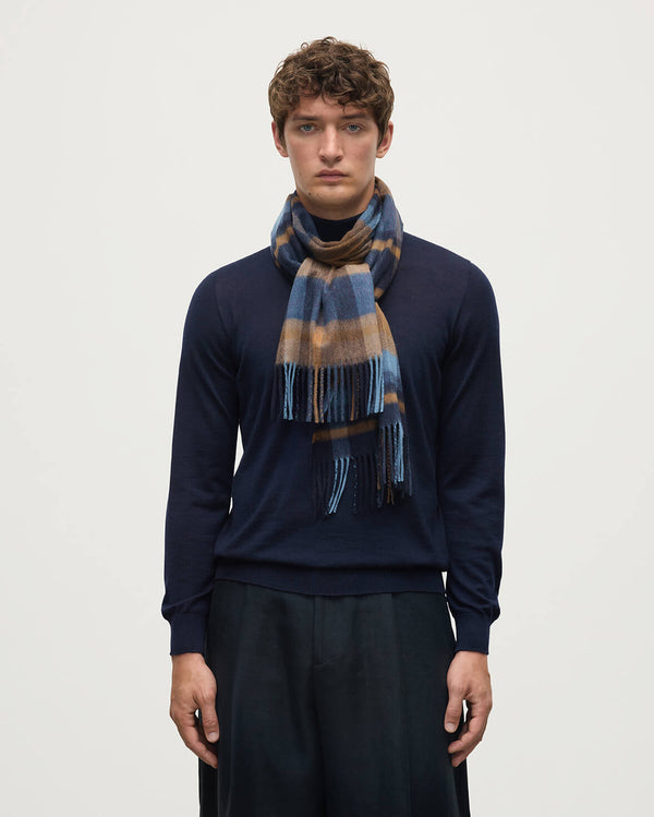 Johnstons Of Elgin Deco Block Check Navy Cashmere Scarf