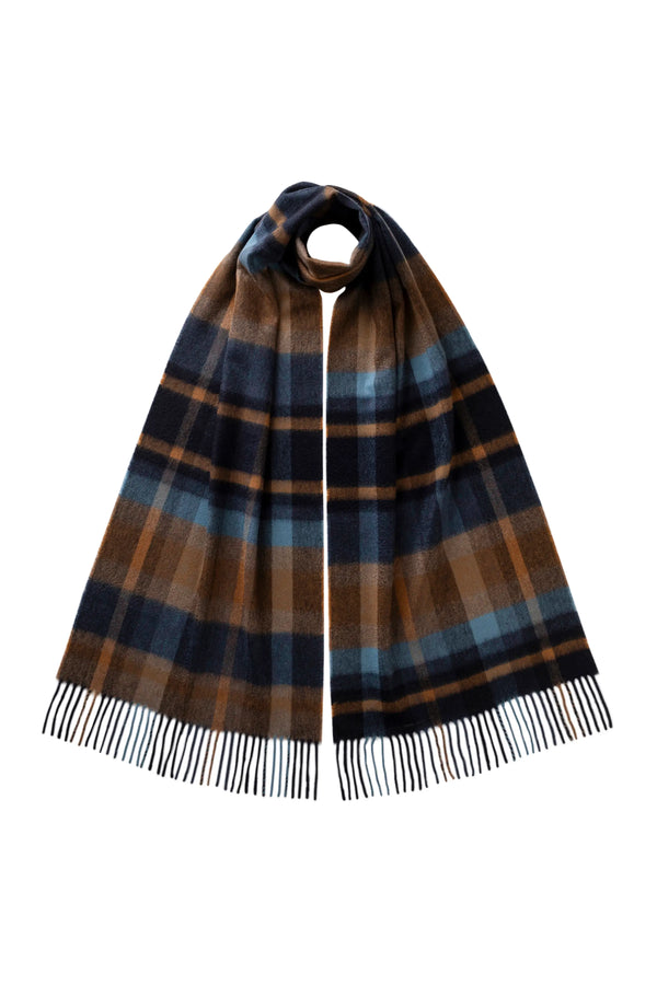 johnstons of elgin Deco Block Check Navy Cashmere Scarf