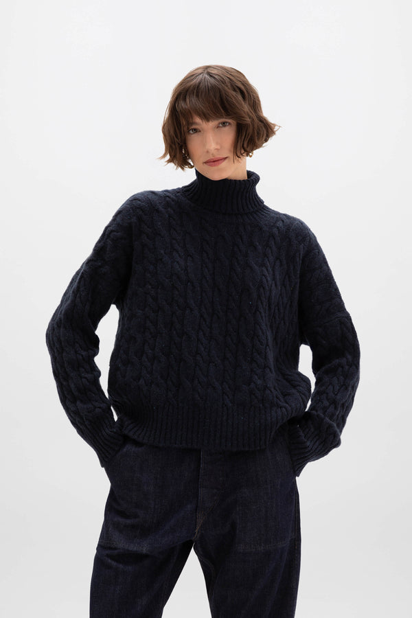 Johnstons Of Elgin Donegal Cable Knit Cashmere Dark Navy Roll Neck Jumper