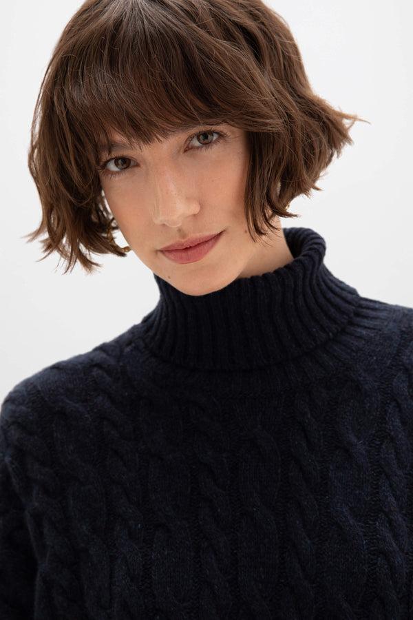 johnstons of elgin Donegal Cable Knit Cashmere Dark Navy Roll Neck Jumper