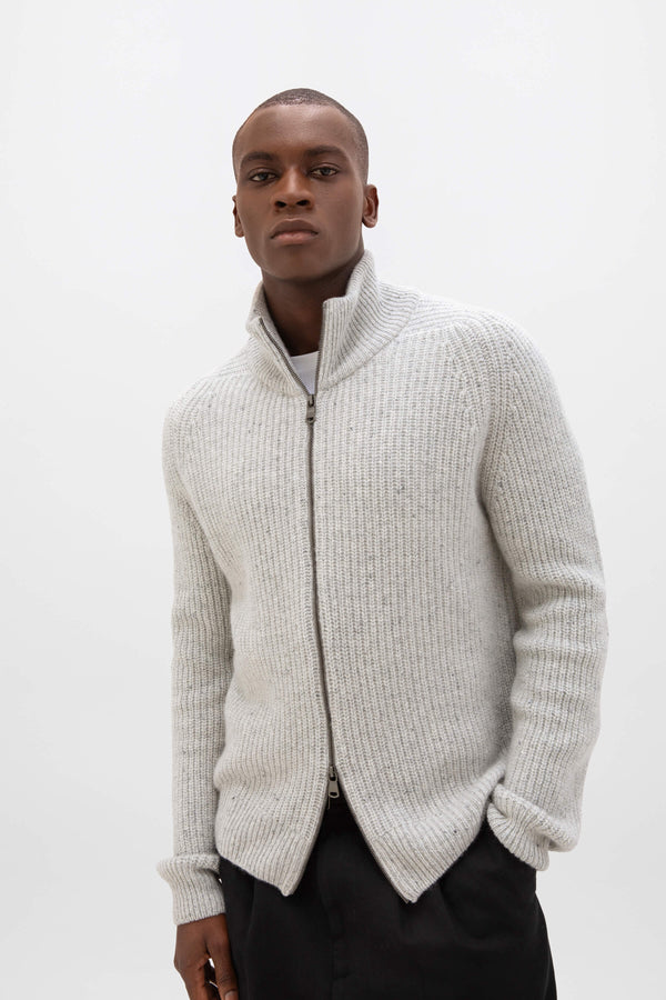 johnstons of elgin Donegal Ribbed Grey Zip Cardigan
