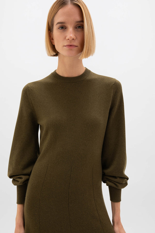Johnstons Of Elgin Fit & Flare Olive Green Cashmere Dress