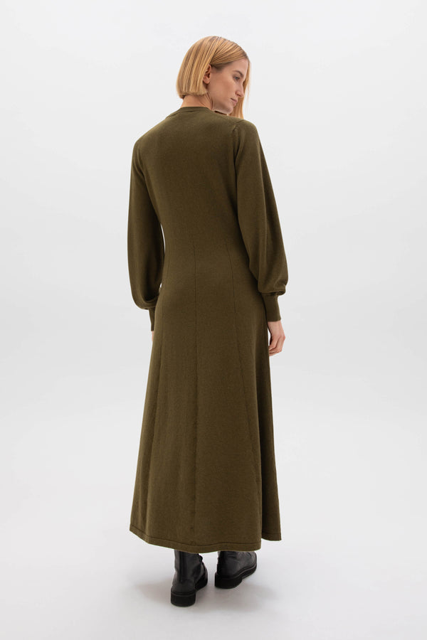 Johnstons Of Elgin Fit & Flare Olive Green Cashmere Dress