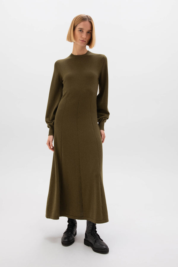 johnstons of elgin Fit & Flare Olive Green Cashmere Dress