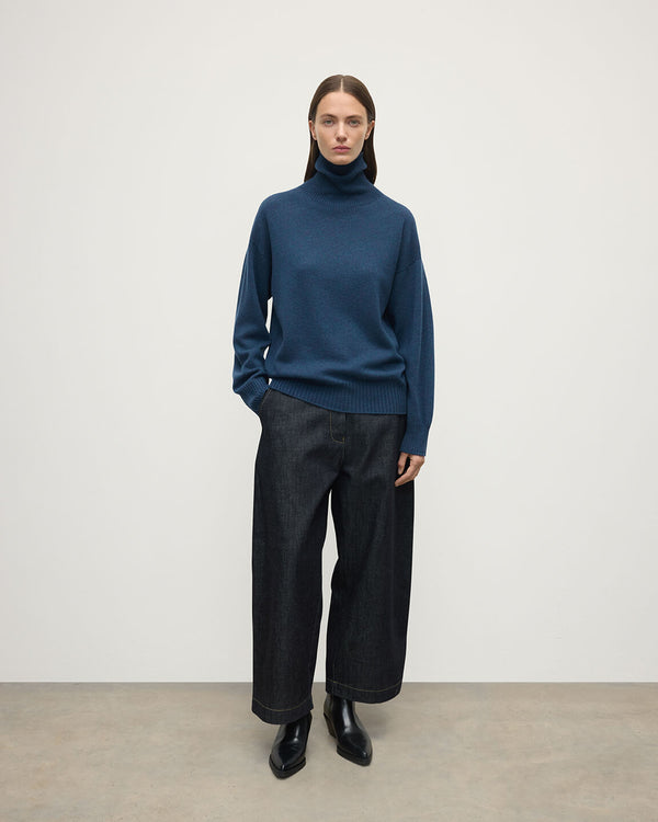 johnstons of elgin Gauzy Cashmere Navy Roll Neck Jumper