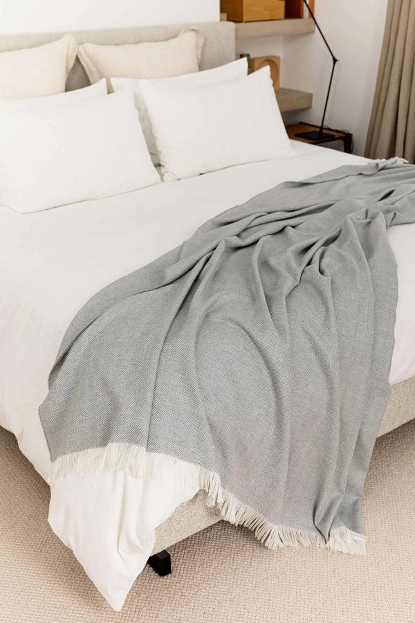 Johnstons Of Elgin Herringbone Merino Grey Bed Throw