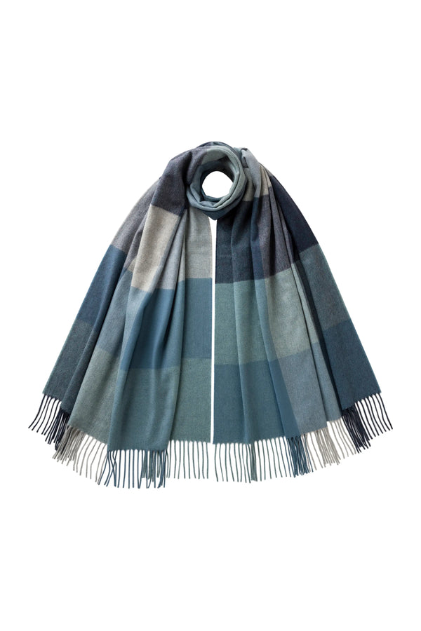 johnstons of elgin Block Check Blue Cashmere Stole