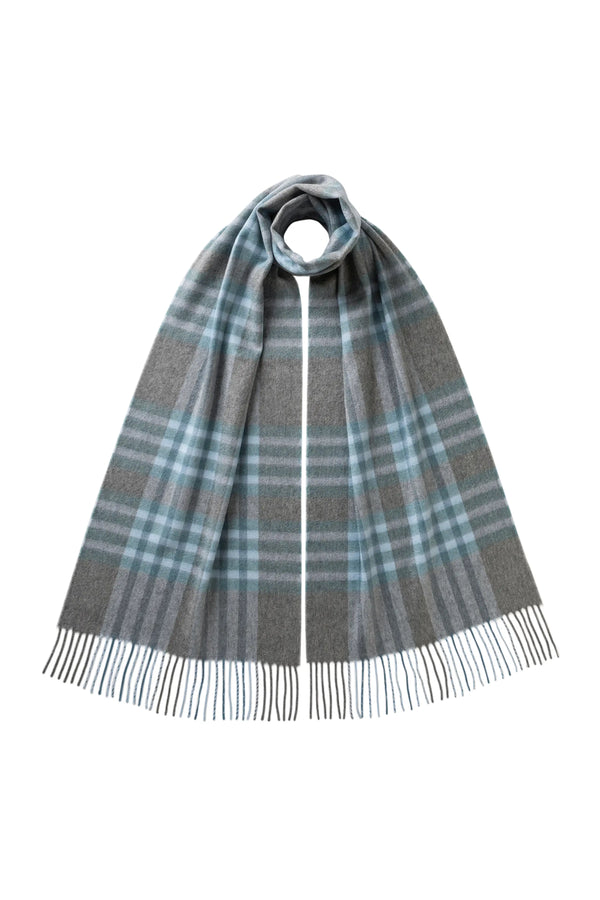 johnstons of elgin Grid Check Blue Cashmere Scarf