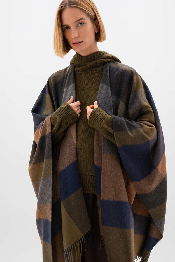 Johnstons Of Elgin Olive Green Check Cashmere Cape