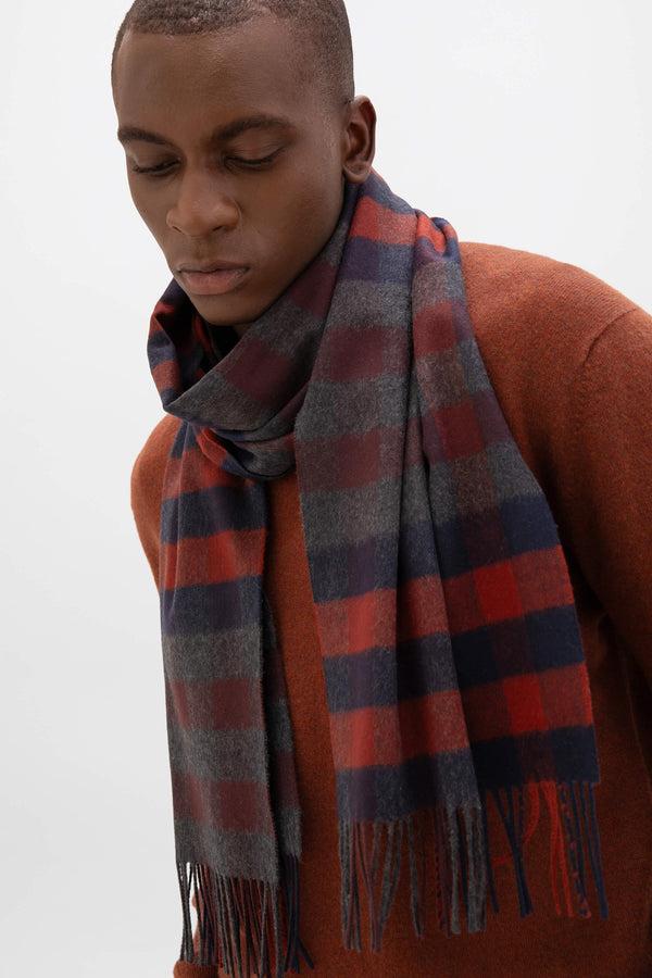 Johnstons Of Elgin Small Check Navy Merino Scarf