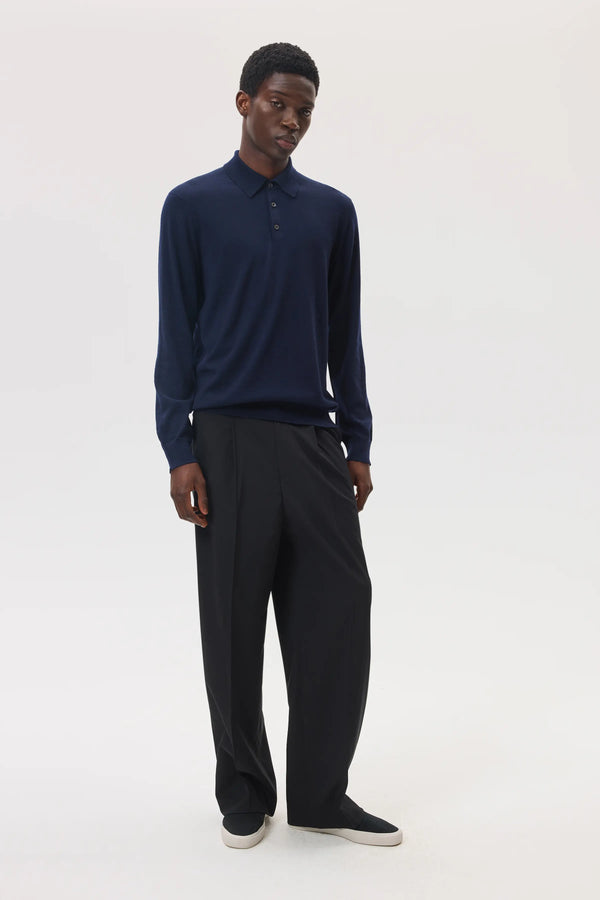 Johnstons Of Elgin Merino Long Sleeve Dark Navy Polo Shirt