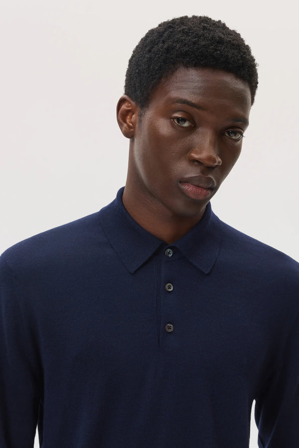 Johnstons Of Elgin Merino Long Sleeve Dark Navy Polo Shirt