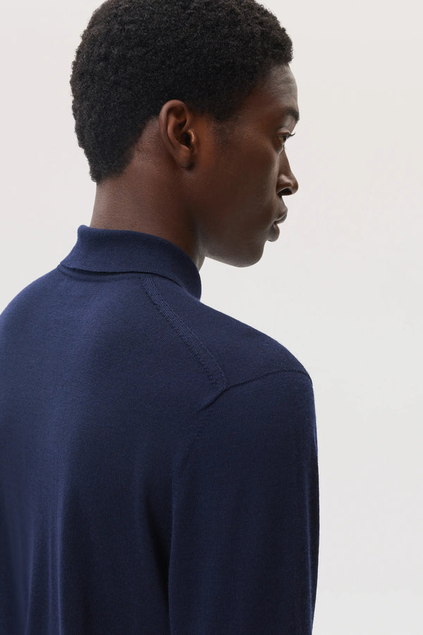 Johnstons Of Elgin Merino Long Sleeve Dark Navy Polo Shirt