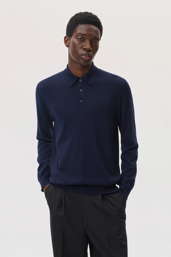 johnstons of elgin Merino Long Sleeve Dark Navy Polo Shirt