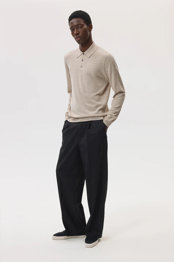 Johnstons Of Elgin Merino Long Sleeve Natural Polo Shirt