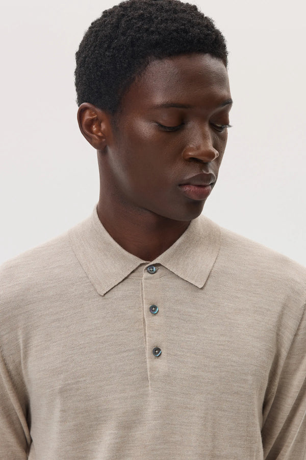 Johnstons Of Elgin Merino Long Sleeve Natural Polo Shirt