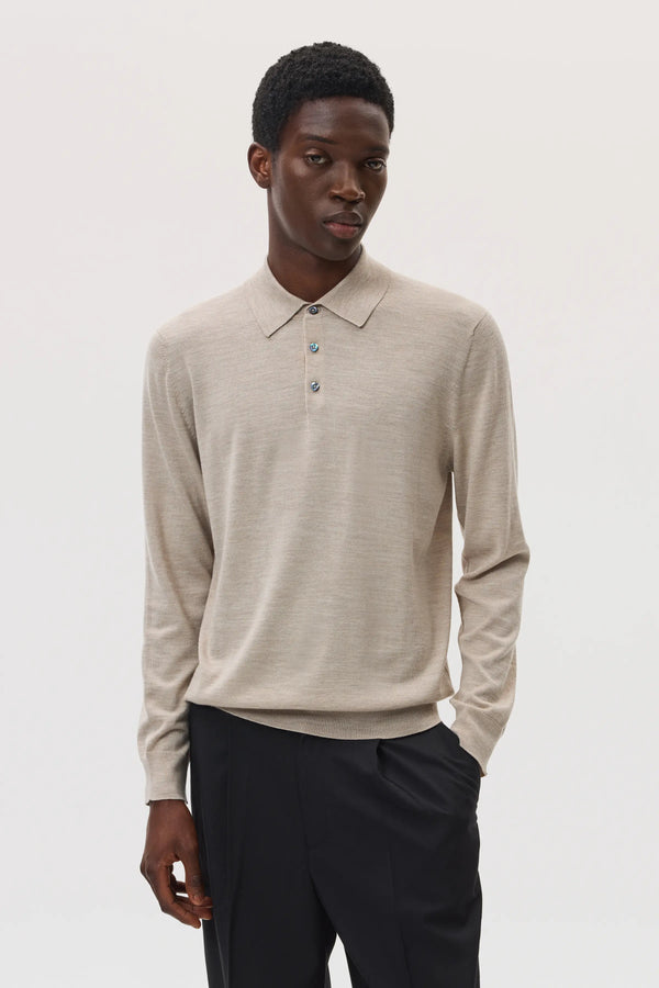 johnstons of elgin Merino Long Sleeve Natural Polo Shirt