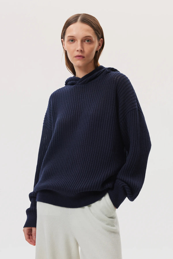 johnstons of elgin Mesh Rib Cashmere Dark Navy Hoodie