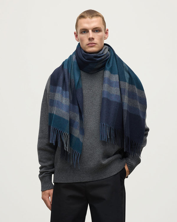 Johnstons Of Elgin Modern Check Blue Cashmere Stole