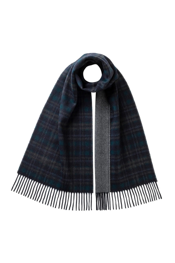 johnstons of elgin Reversible Navy Tartan Cashmere Scarf