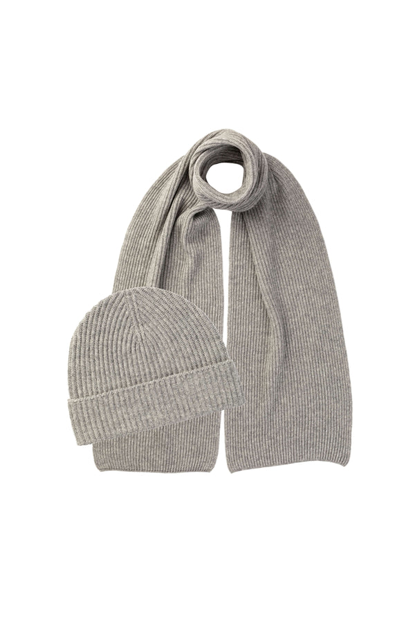 johnstons of elgin Ribbed Cashmere Grey Scarf & Beanie Gift Set